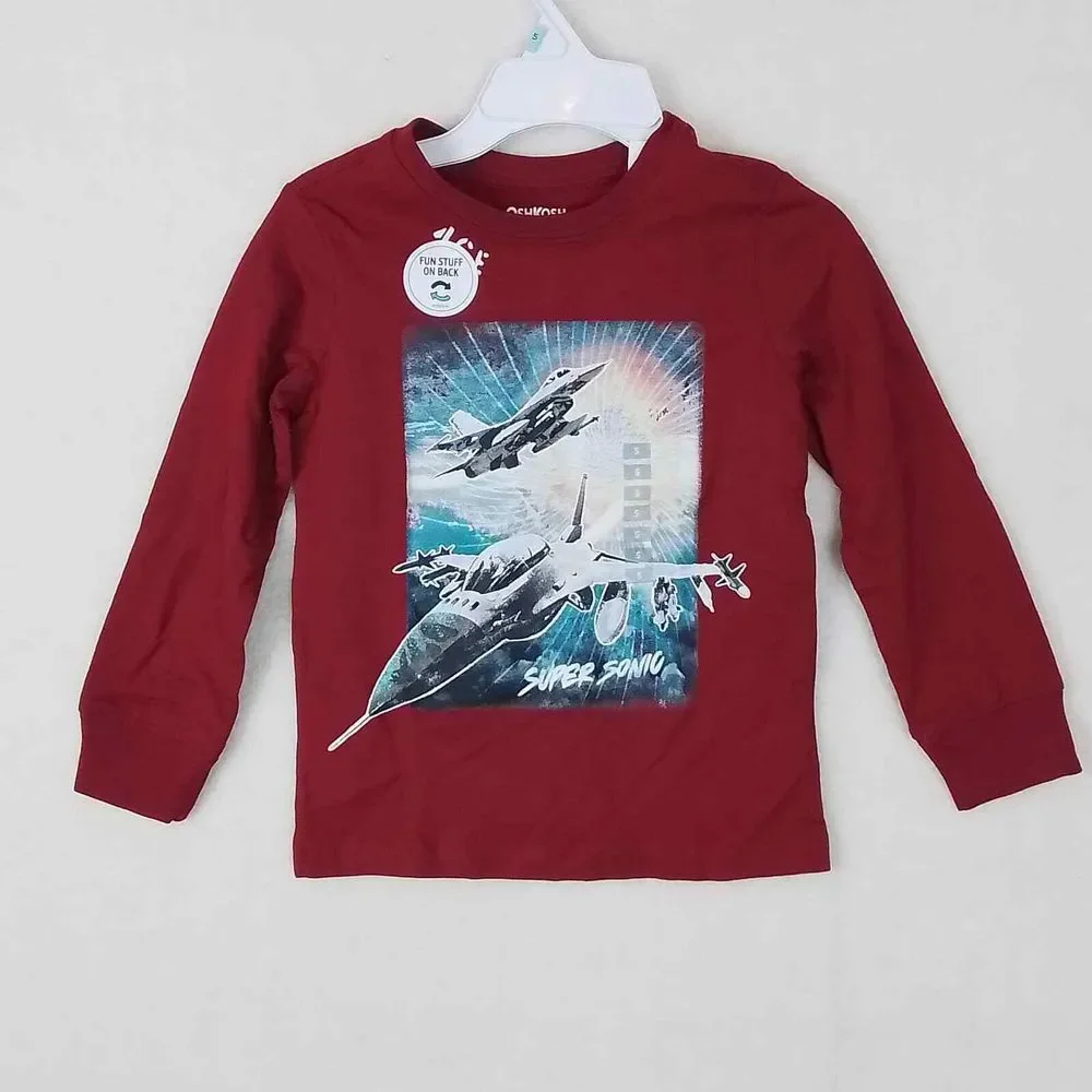 OshKosh Long Sleeve Cotton Tee Size 5 in Red w/ Fighter‎ Jet Theme
